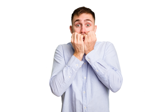 Young caucasian man cut out isolated biting fingernails, nervous and very anxious.
