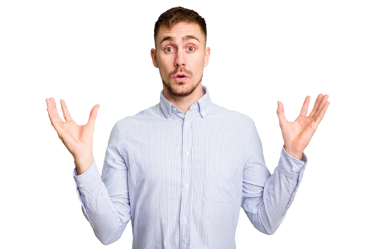 Young caucasian man cut out isolated doubting and shrugging shoulders in questioning gesture.