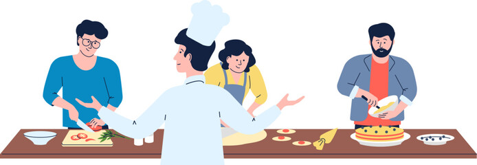 Chef workshop or lesson. Restaurant chefs training, people cooking and baking. Food preparation tv show, flat characters cook together vector scene