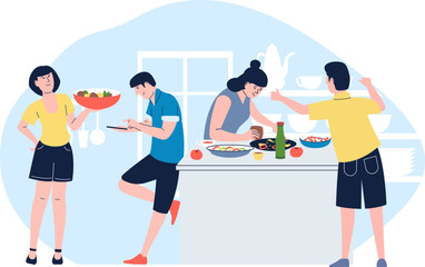 Fototapeta na wymiar Friends cooking together. Happy weekend, family on kitchen cook dinner with fresh vegetables. Flat people on culinary workshop, vector concept