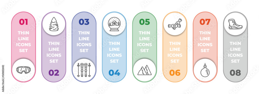 Poster winter infographic element with outline icons and 8 step or option. winter icons such as snow goggle