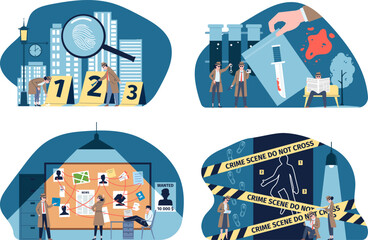 Fototapeta premium Detective investigation flat scenes. Crime mysterious space, detectives looking evidence. Police board, inspector or agent recent vector concept