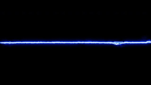 Horizontal blue energy ray on black background for overlay. Futuristic light of blaster, sci-fi graphic element