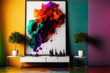 Colorful wall with a blank poster in a stylish room's interior. Generative AI