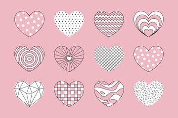 Heart shapes set with different geometric patterns and textures. 