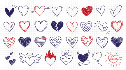 Cute and funny heart icons set in doodle style.