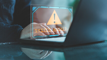 System hacked alert after cyber attack on computer network. compromised information concept. internet virus cyber security and cybercrime. hackers to steal the information is a cybercriminal..