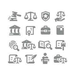 Law, legal and justice vector icon set. Courthouse, court of law, scales filled icons.