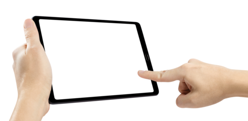 Hands touching blank screen of black tablet computer, cut out