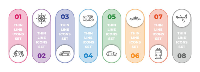 transportation infographic element with outline icons and 8 step or option. transportation icons such as quad, ship helm, minibus, camper car, compact car, patrol car, metro, gondola vector.