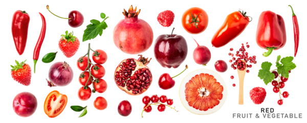Fresh red vegetable, fruits and berry. PNG with transparent background. Flat lay. Without shadow.