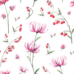 Square seamless pattern with realistic high quality watercolor botany pink flowers and red berry on white background. Hand painted twigs and branches wallpapers