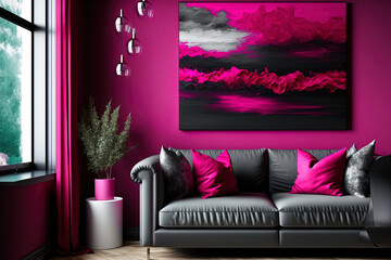 Livingroom in trend viva magenta color 2023 year. A bright wall accent paint background. Crimson, burgundy, maroon shades of room interior design. Gray dark black luxury furniture sofa. Generative AI