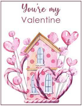 Cute hand painted detailed Valentine greeting card with pink house facade, hard candy lollipop and blooming flowers. Watercolor Saint Valentine's day design