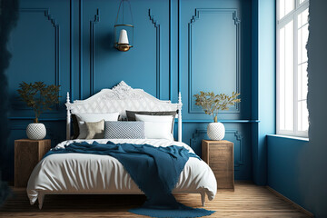 Luxury and cozy home bedroom interior with blue and white wooden bed, wooden floor, and cushions with empty blue wall. Generative AI