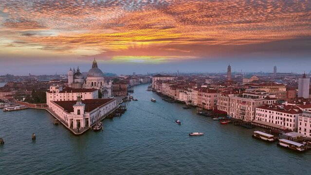 Aerial Venice italy skyline aerial view at sunrise colored sky. grand canal cathedral church Venice. Italy