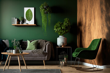 Interior of contemporary living room with wood flooring and a green concrete wall. Fur carpet, coffee table with vase and books, brown leather couch and armchair. Generative AI