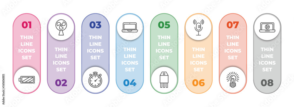 Aufkleber technology infographic element with outline icons and 8 step or option. technology icons such as bat