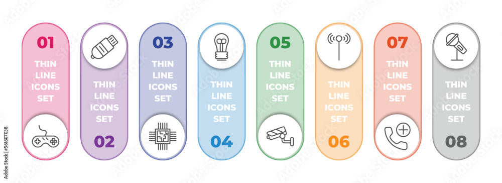 Poster technology infographic element with outline icons and 8 step or option. technology icons such as ant