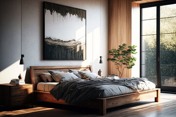 a wooden bed in a contemporary room,. Generative AI