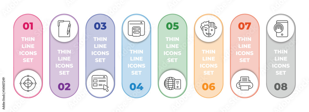 Poster technology infographic element with outline icons and 8 step or option. technology icons such as cen