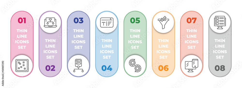 Poster technology infographic element with outline icons and 8 step or option. technology icons such as ras