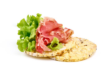 Italian prosciutto crudo or spanish jamon. Jerked meat, isolated on white background.