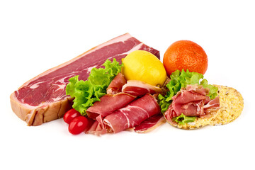 Delicious jerked prosciutto crudo, isolated on white background. High resolution image.