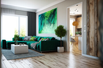 New modern living room. New home. Interior photography. Wooden floor. Generative AI