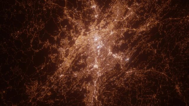 Birmingham (Alabama, USA) aerial view at night. Satellite view on modern city with street lights. Camera is flying above the city, moving forward