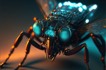 Glowing AI cyborg fly mosquito, menacing glowing, horror, digital, artificial intelligence, future, data, computer created with generative ai technology