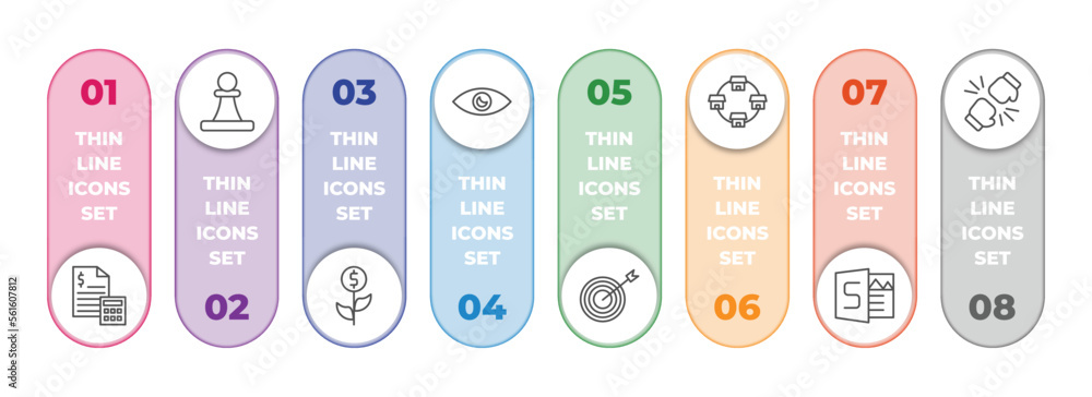Poster startup stategy and infographic element with outline icons and 8 step or option. startup stategy and