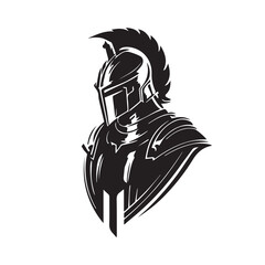Medieval knight in armor, vector logo. Simple clean modern icon of a warrior with shield and helmet going to battle. Military soldier. Idea of protection, security. Business mascot. Sword badge.
