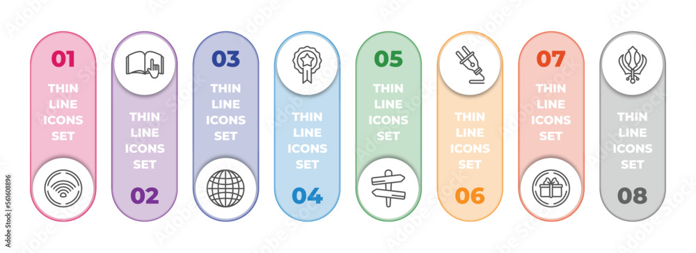 Aufkleber signs infographic element with outline icons and 8 step or option. signs icons such as wireless netw
