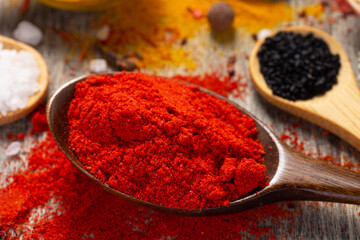 Paprika spice in spoon and variety spices at table background. Dried spice and seeds