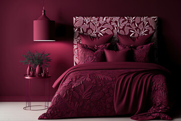 Monochrome dark red bedroom scene with a double bed sheet, blanket, pillows and side tables.Viva magenta is a trend colour year 2023, flat style single color composition, , nobody. Generative AI