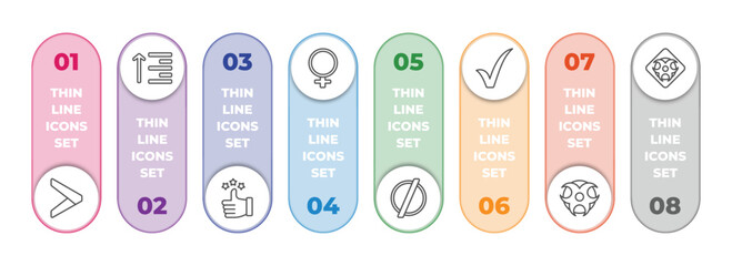 signs infographic element with outline icons and 8 step or option. signs icons such as is greater than, align, superior, female, empty, tick, toxic warning, toxic material vector.