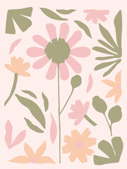 Floral decorative wallpaper in pastel color tones. Delicate, light-toned pattern with botanical elements. Nature-inspired poster for accent wall. Wall decor and mural for nursery. Flowers background.