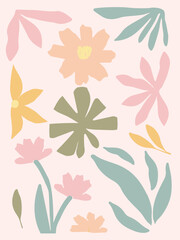 Fototapeta premium Floral decorative wallpaper in pastel color tones. Delicate, light-toned pattern with botanical elements. Nature-inspired poster for accent wall. Wall decor and mural for nursery. Flowers background.