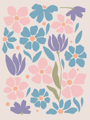 Floral decorative wallpaper in pastel color tones. Delicate, light-toned pattern with botanical elements. Nature-inspired poster for accent wall. Wall decor and mural for nursery. Flowers background.