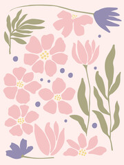 Floral decorative wallpaper in pastel color tones. Delicate, light-toned pattern with botanical elements. Nature-inspired poster for accent wall. Wall decor and mural for nursery. Flowers background.