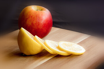 red apple with sliced juicy lemon on a cutting board.