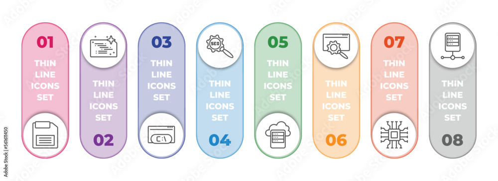 Poster seo infographic element with outline icons and 8 step or option. seo icons such as floppy disk, clea