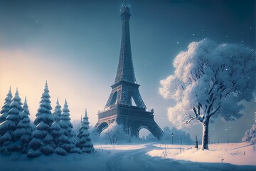 Eiffel Tower, Winter Paris, Surrealism landscape, covered in snow