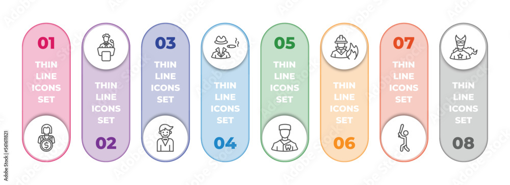 Poster professions infographic element with outline icons and 8 step or option. professions icons such as f