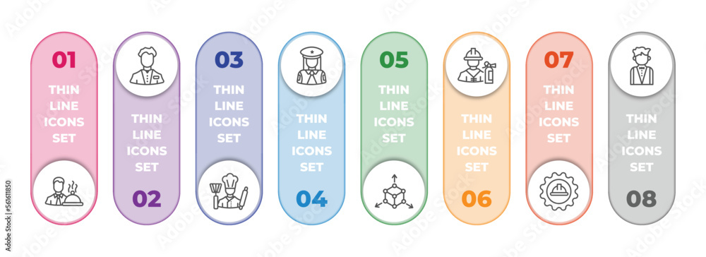 Aufkleber professions infographic element with outline icons and 8 step or option. professions icons such as w
