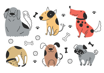 Doodle sketch line art animal dogs puppy characters hand drawn isolated set. Modern simple line outline style. Vector cartoon graphic design element illustration