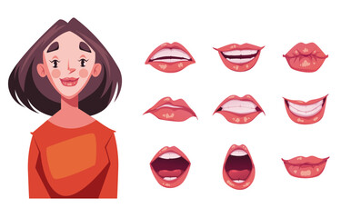 Woman girl character animated with face lips mouth expression isolated set concept. Vector cartoon graphic design element illustration