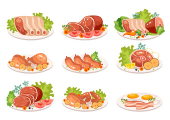 Meat sausages, bacon, steak, leg, chicken, wings, ribs, vegetables dish seafood meal isolated set. Cooking ingredient restaurant menu concept. Vector cartoon graphic design element illustration