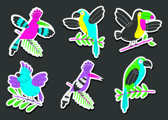 Exotic bird jungle parrot tropical summer style cute stickers animal isolated concept set. Vector cartoon graphic design element illustratio